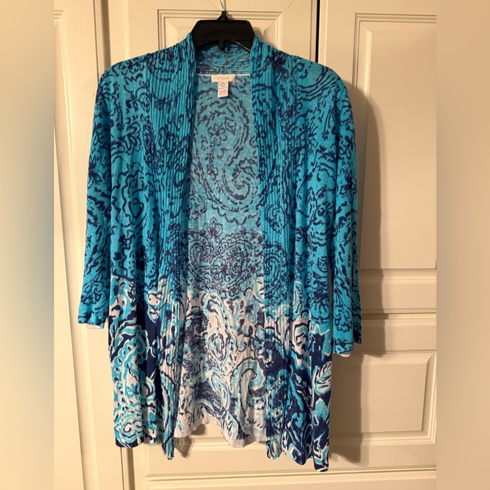 Blue Patterned Open Chios lightweight Cardigan Chico’s size 0 size 6 to 8